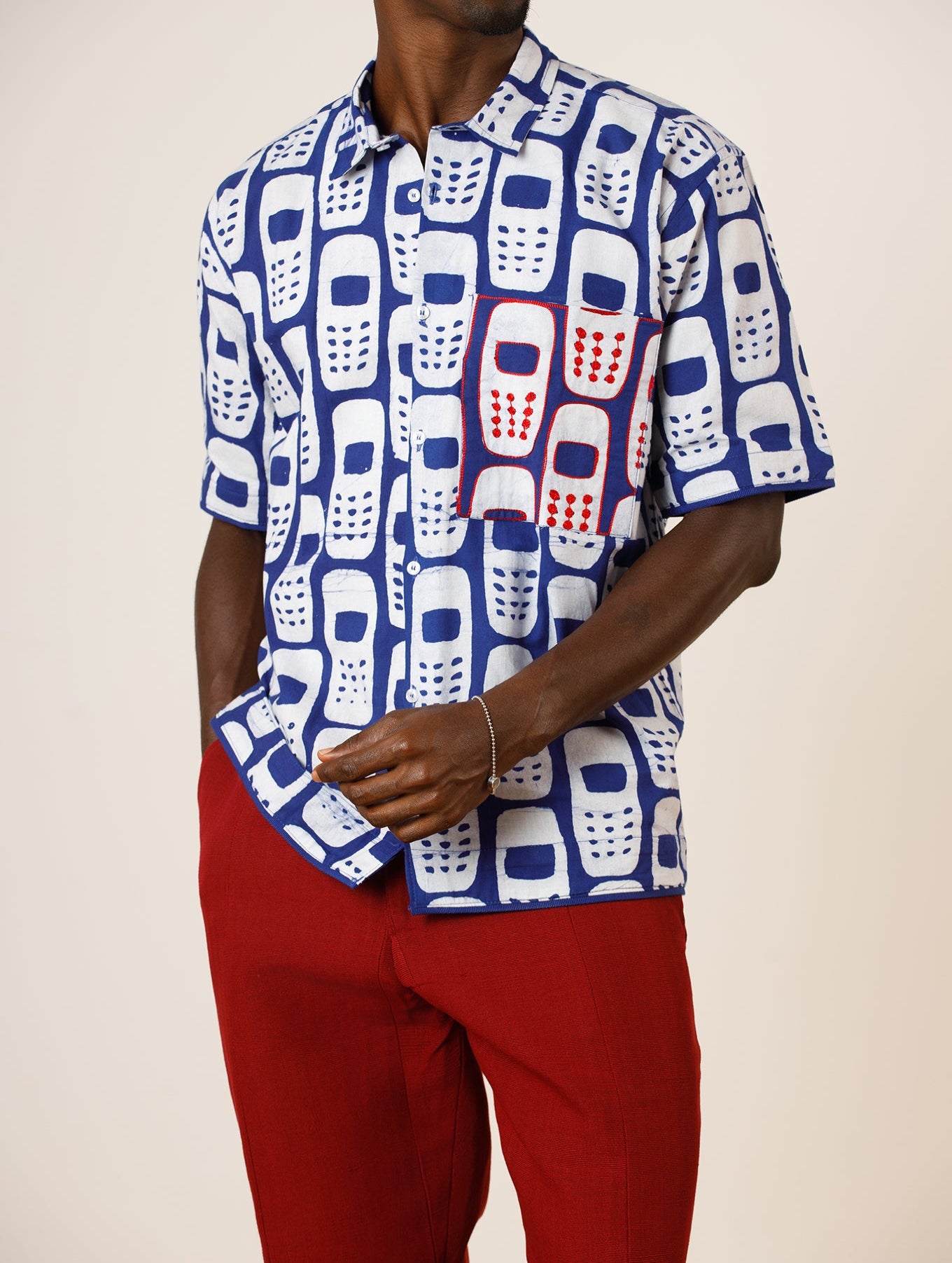 Telephone Design Shirt with Embroidery Pocket
