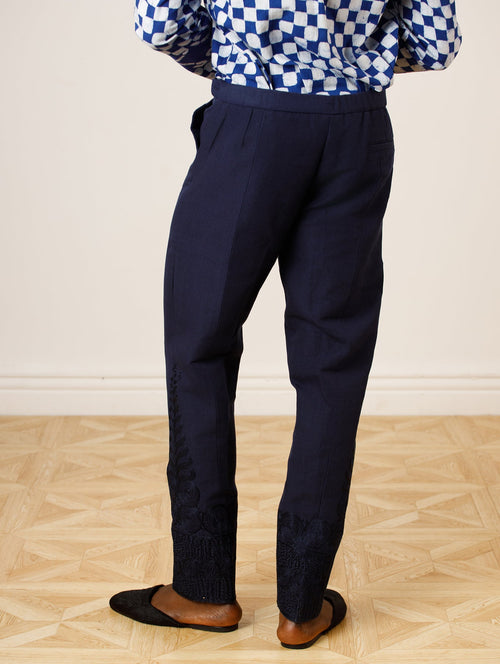 Asooke Trouser with Embroidery Detailing in Navy
