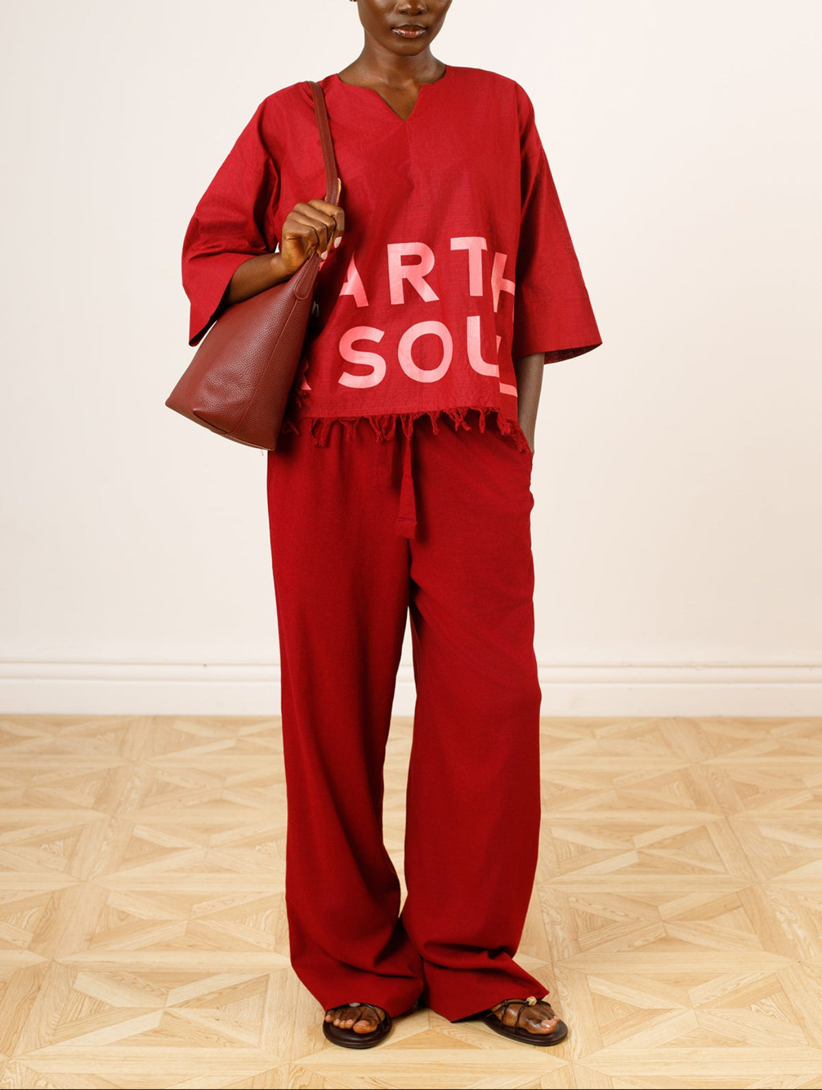 Classic Cropped Branded Frayed Top & Wide-Leg Trousers Set