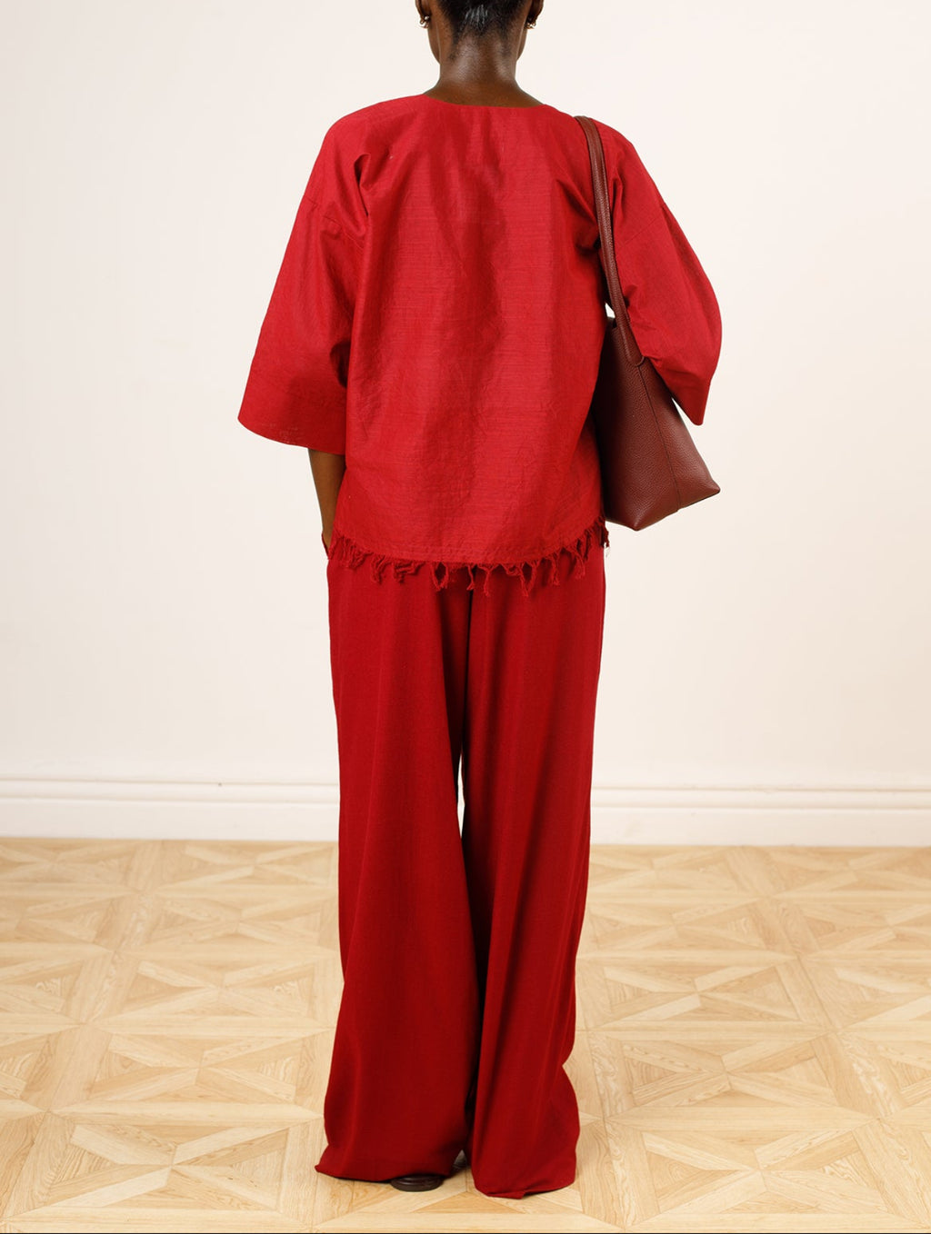 Classic Cropped Branded Frayed Top & Wide-Leg Trousers Set