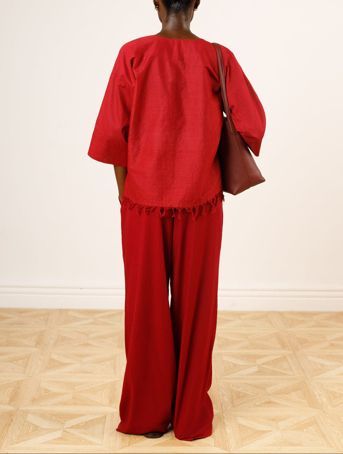 Classic Cropped Branded Frayed Top & Wide-Leg Trousers Set