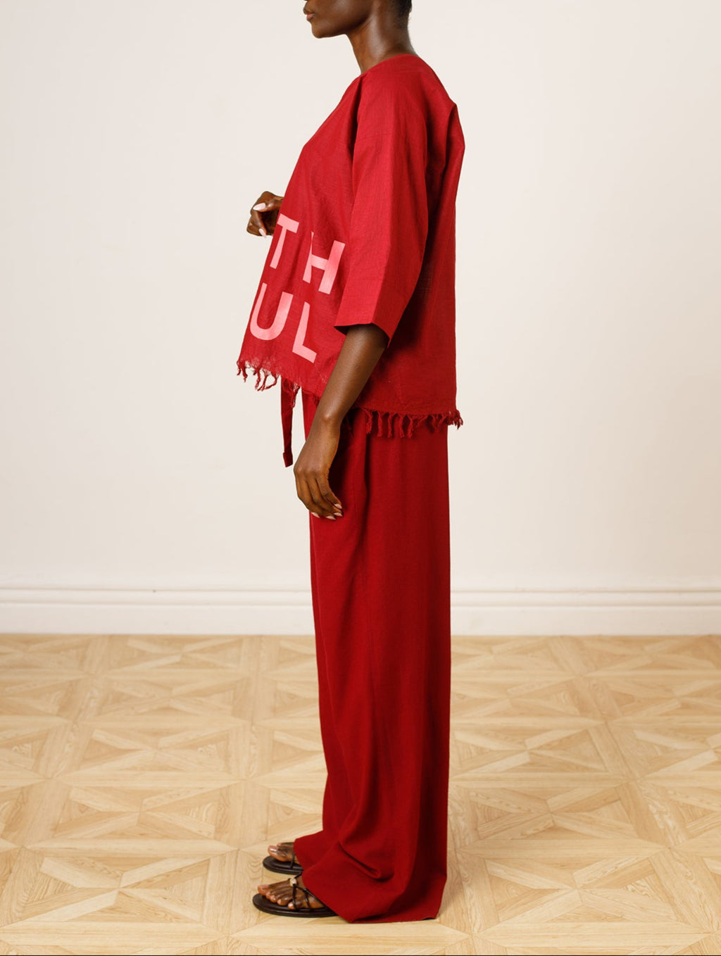 Classic Cropped Branded Frayed Top & Wide-Leg Trousers Set