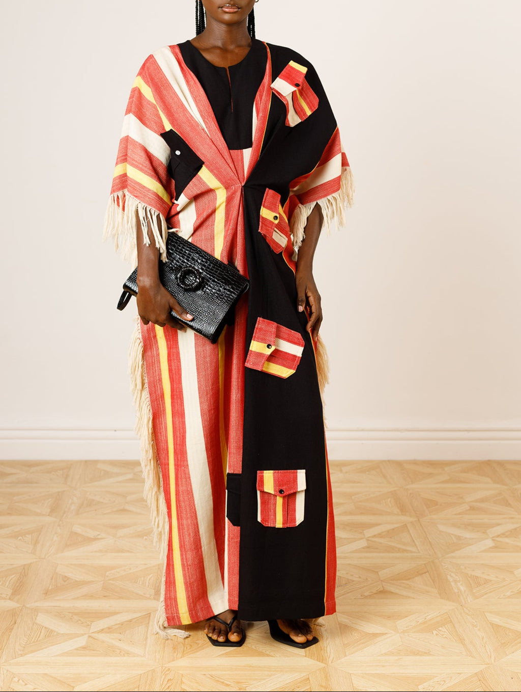 Woven Striped Kaftan with Contrast Patch Pockets