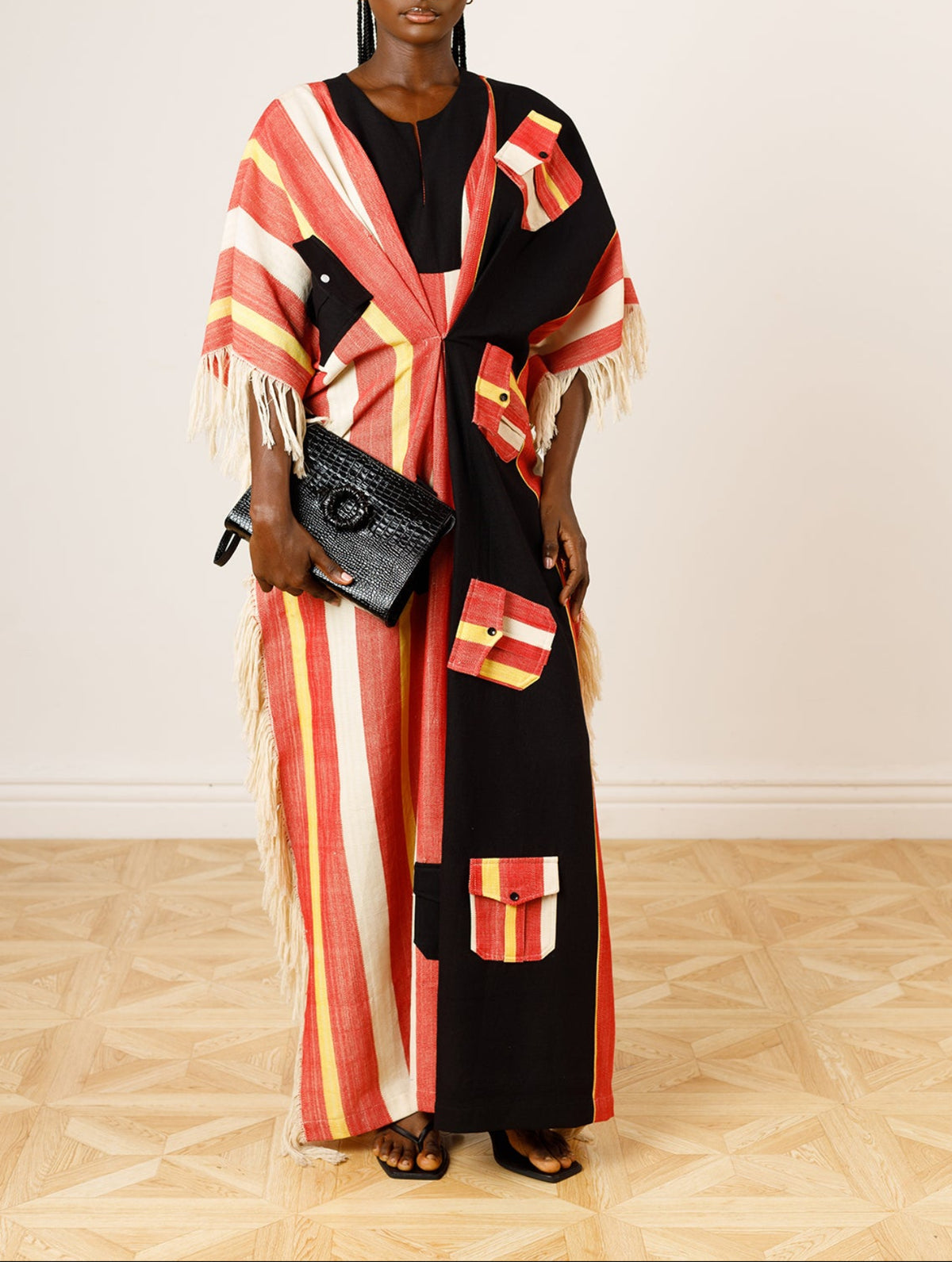 Woven Striped Kaftan with Contrast Patch Pockets