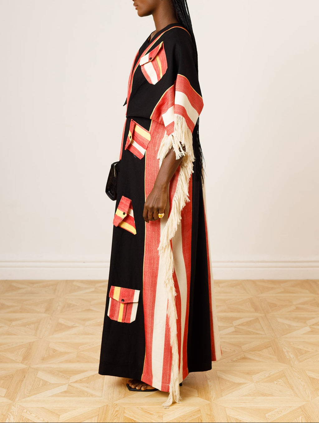 Woven Striped Kaftan with Contrast Patch Pockets