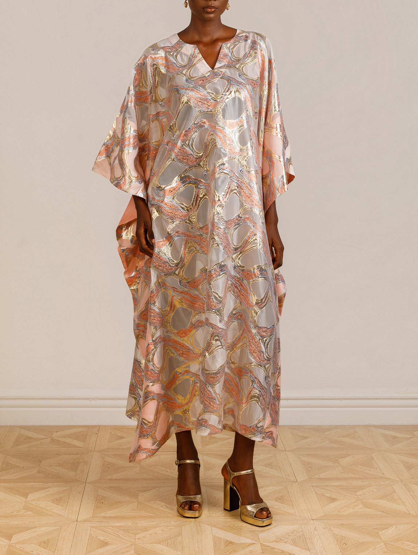 Jacquard Metallic Kaftan in Gold