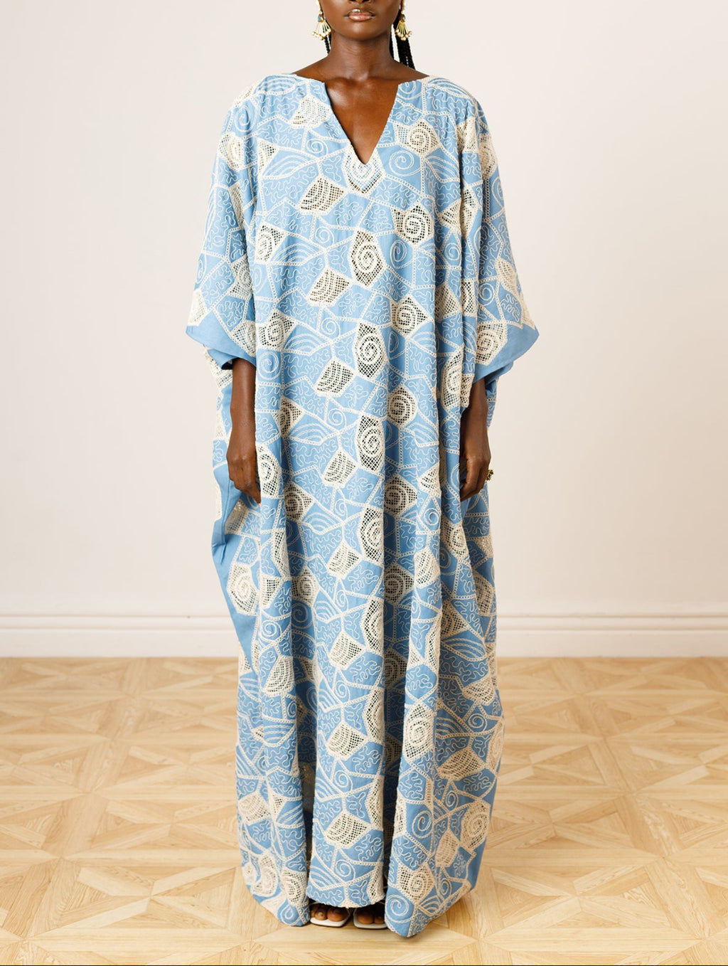 Denim and Lace Kaftan in Sky Blue