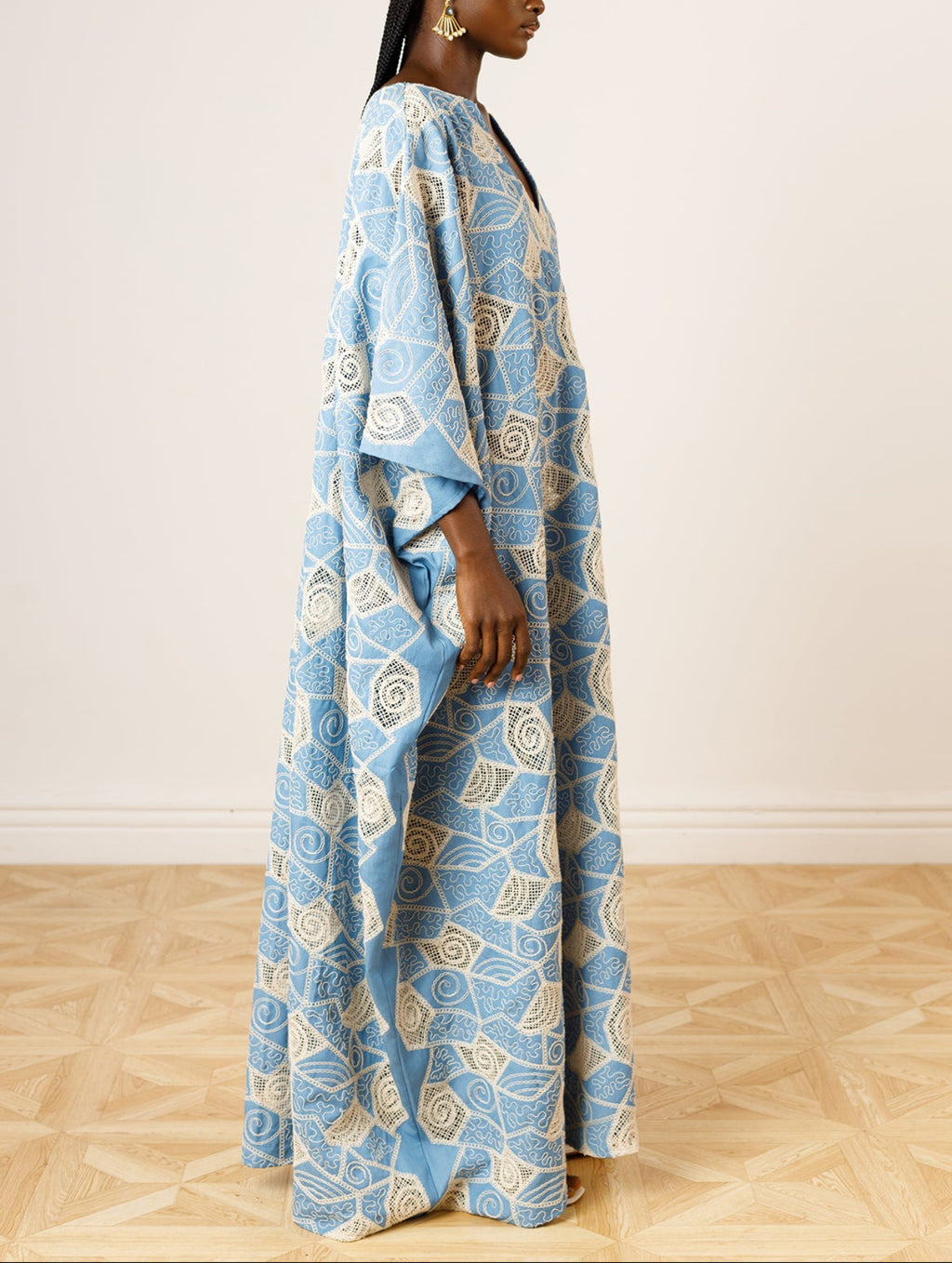 Denim and Lace Kaftan in Sky Blue
