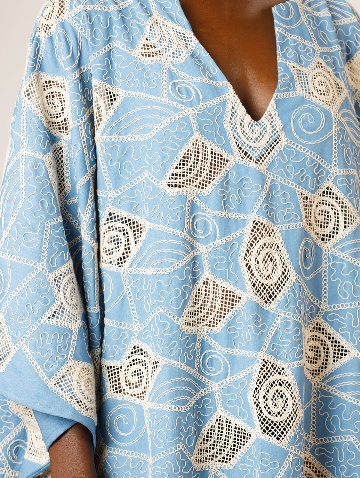 Denim and Lace Kaftan in Sky Blue