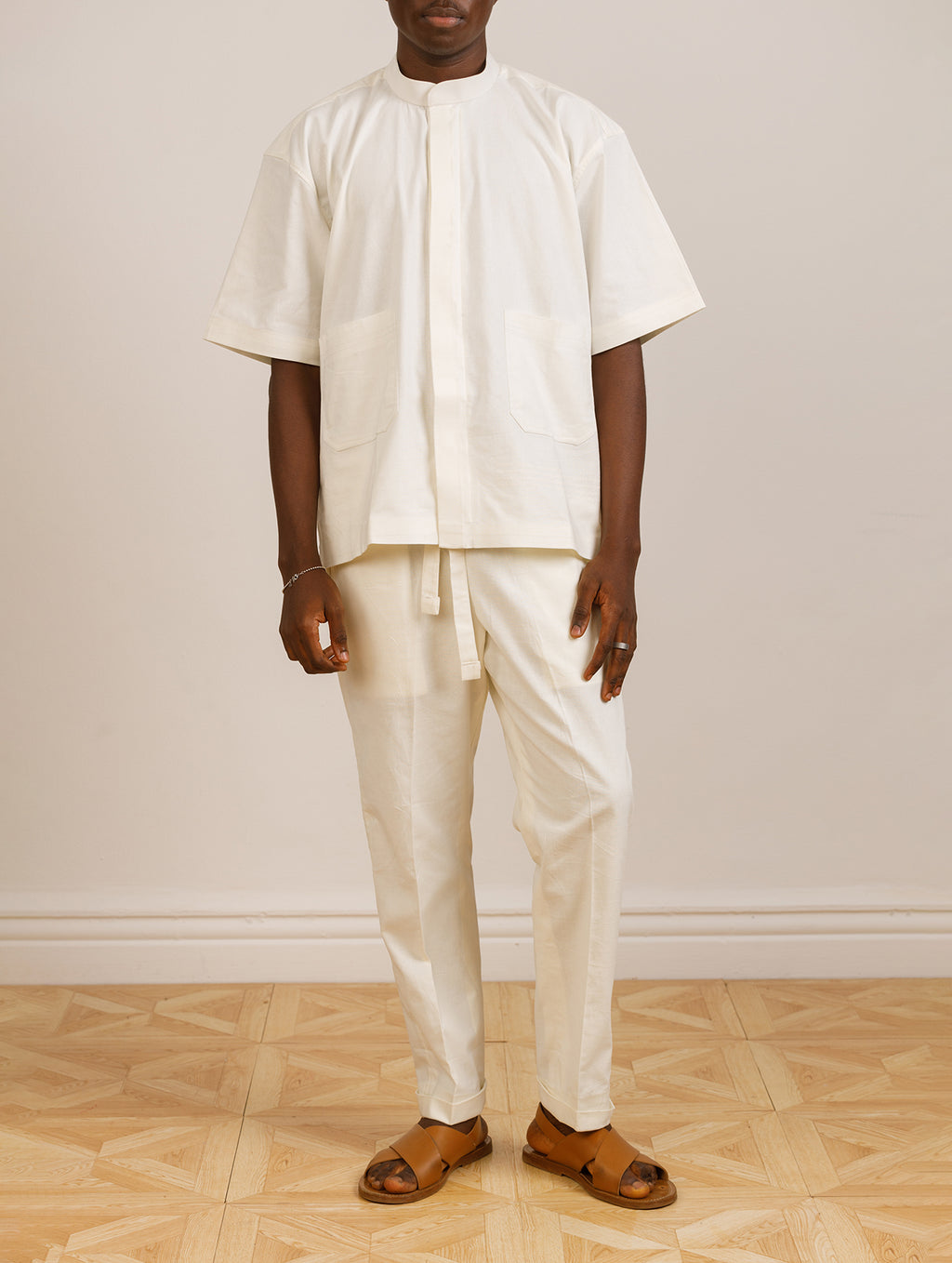 Beige Short-Sleeved Shirt and Beige Straight Trouser Set