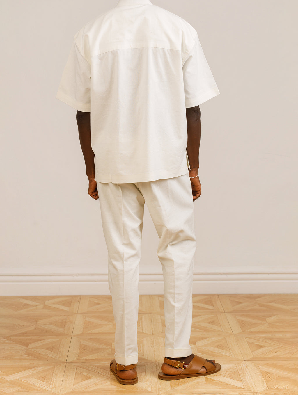 Beige Short-Sleeved Shirt and Beige Straight Trouser Set